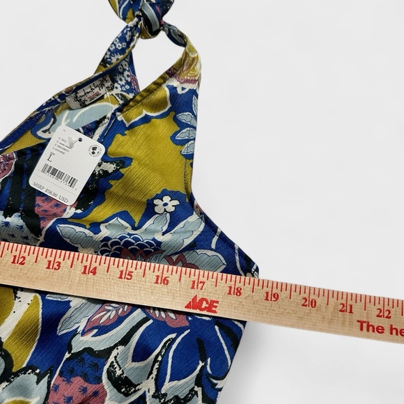 Free People Crop Top Large Blue Gold Weekend In Montauk Floral Smocked NWT - Picture 11 of 14